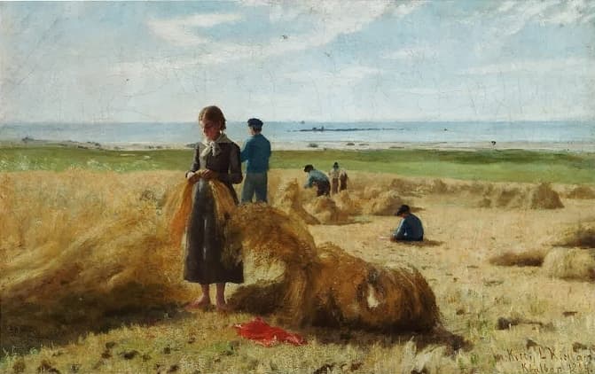 The painting "slåttonn på Kvalbein" by Kitty Kielland. hay harvesting at Kvalbein