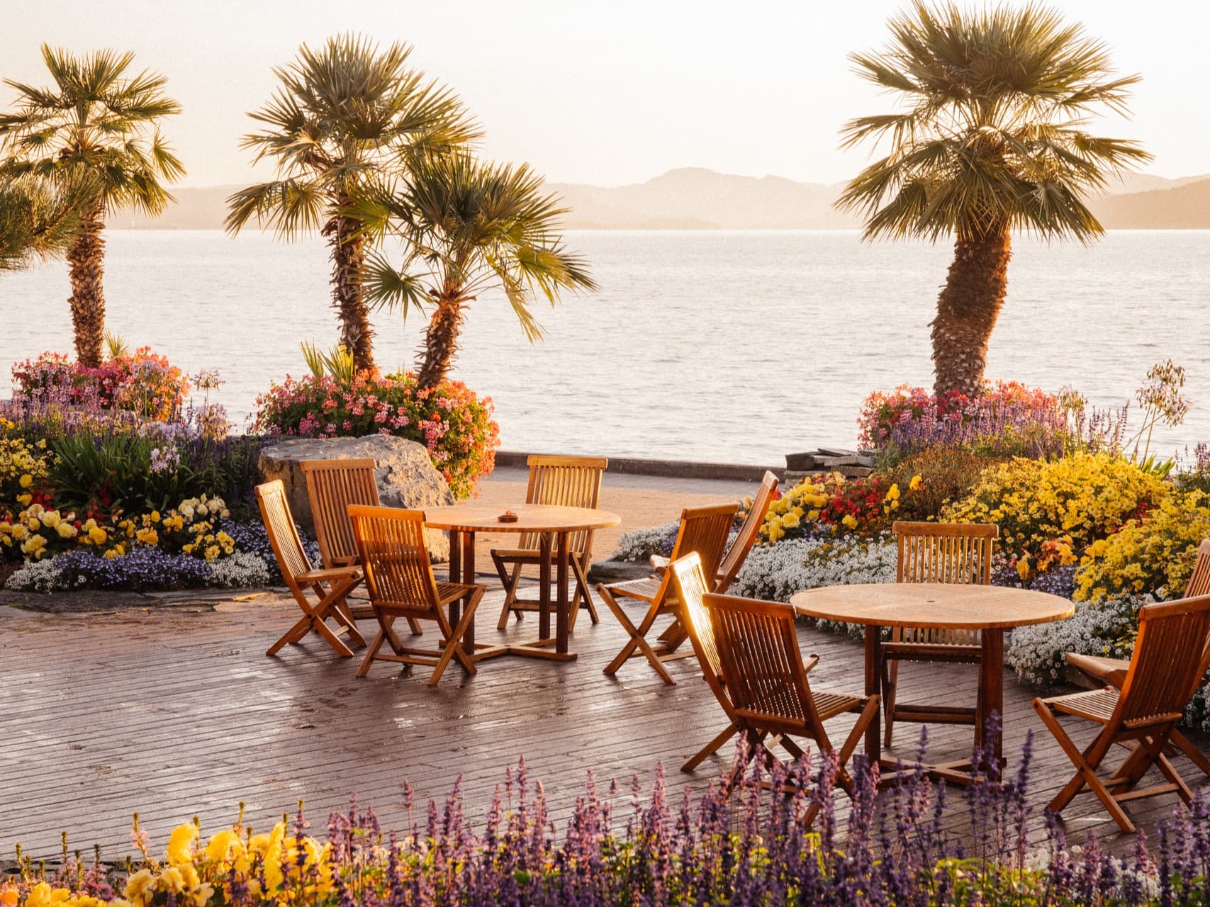 Flere stoler og bord omringet av fargerike blomster og havutsikt