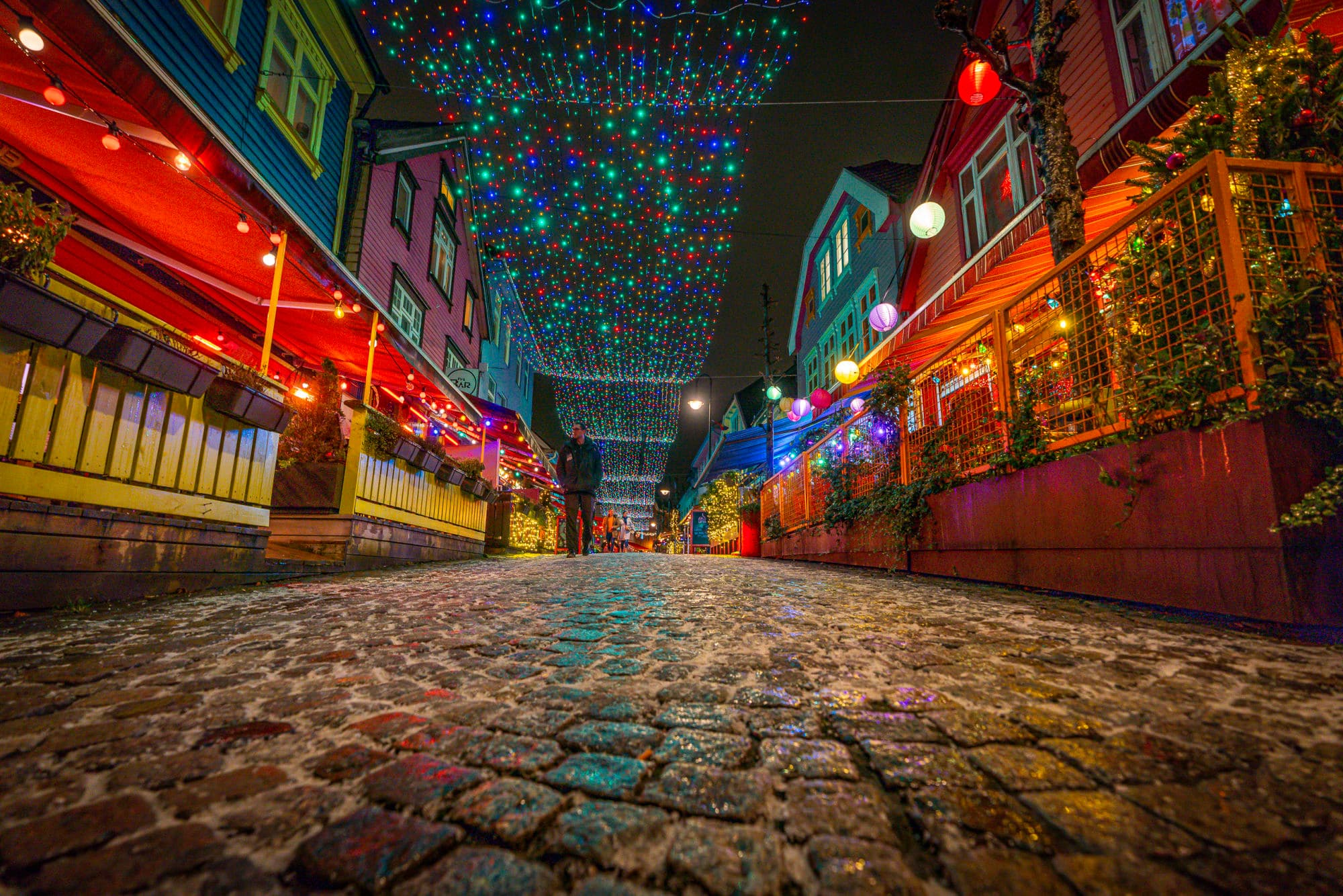Decorated street of colours in stavanger for Christmas- Fargegaten jul